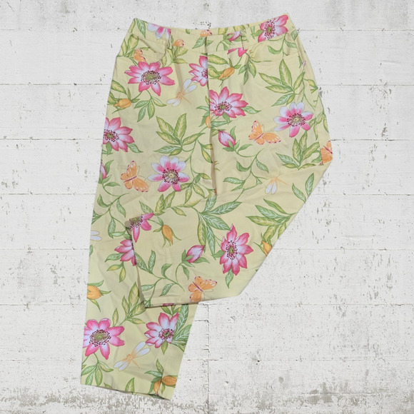 Y2K Talbots Pastel Yellow Pink Floral Capri Cropped Womens Pants Size 8 Petites - Picture 1 of 7